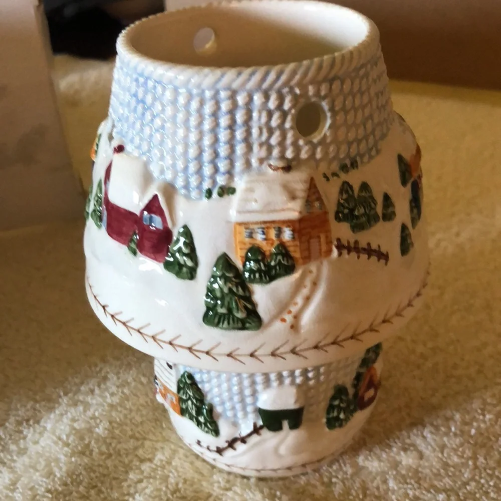 Winter Village Scene votive candle holder with shade Russ Berrie